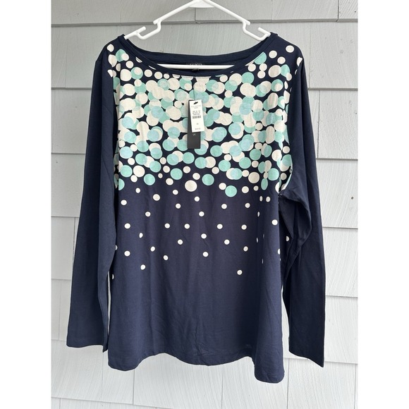 Talbots Woman 3X Long Sleeve Navy Dot Print Cotton Modal Top NWT - Picture 1 of 5